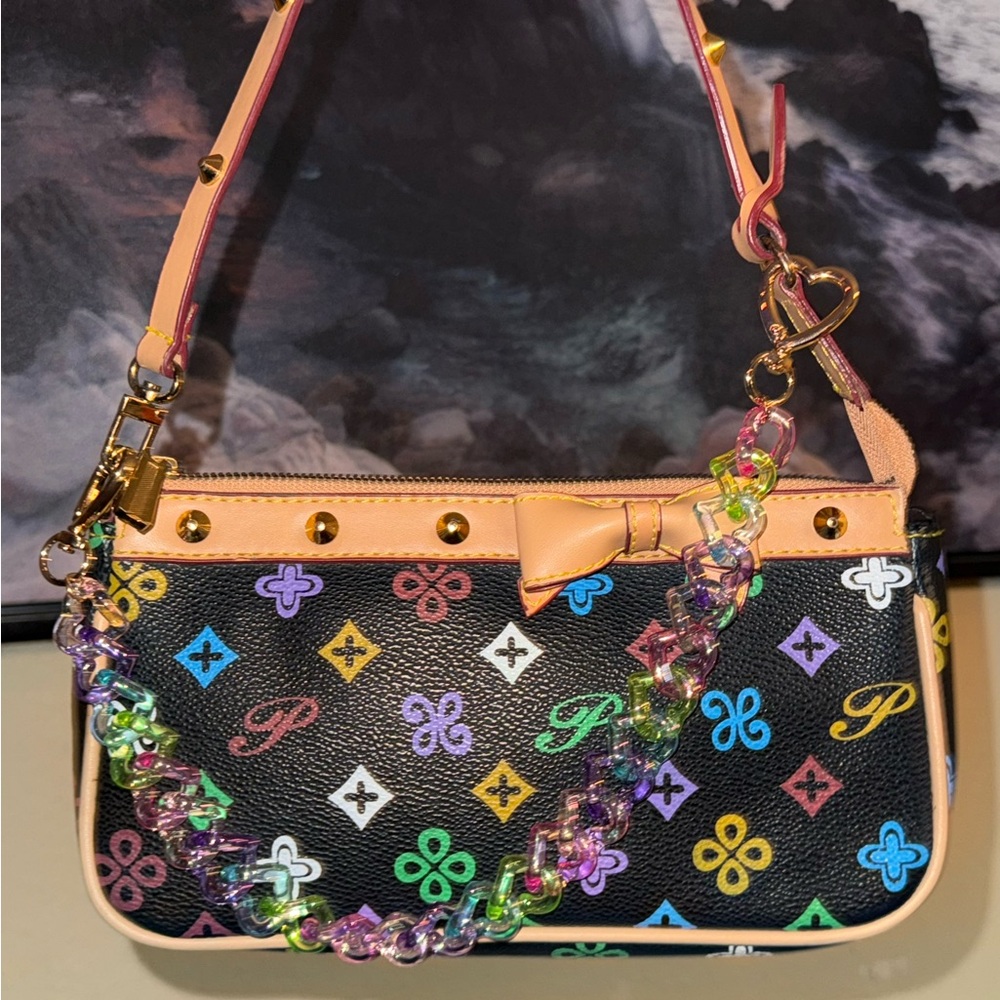 Black Multicolor Studded Monogram Shoulder Bag Tan Trim Bow Detail W Bag Chain!